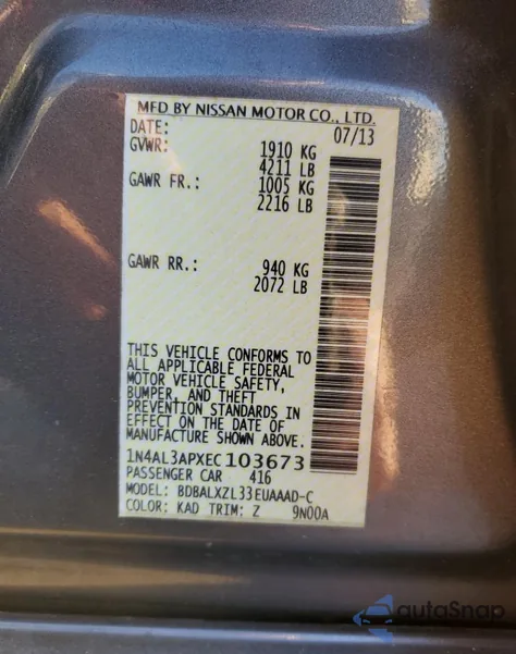 2014 Nissan Altima 2.5 from USA, damaged, VIN 1N4AL3APXEC103673
